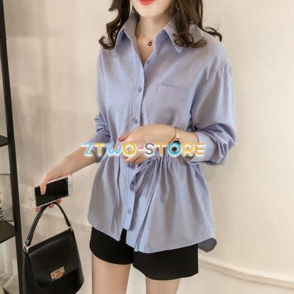 2色有り レディース ブラウス 長袖 シャツ ポロ襟 襟付き ボタン ウエストマーク トップス 無地...