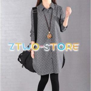 3色有り レディース ワンピース ミドル丈 膝丈 シャツスカート 長袖 ポロ襟 襟付き ドット柄 水...