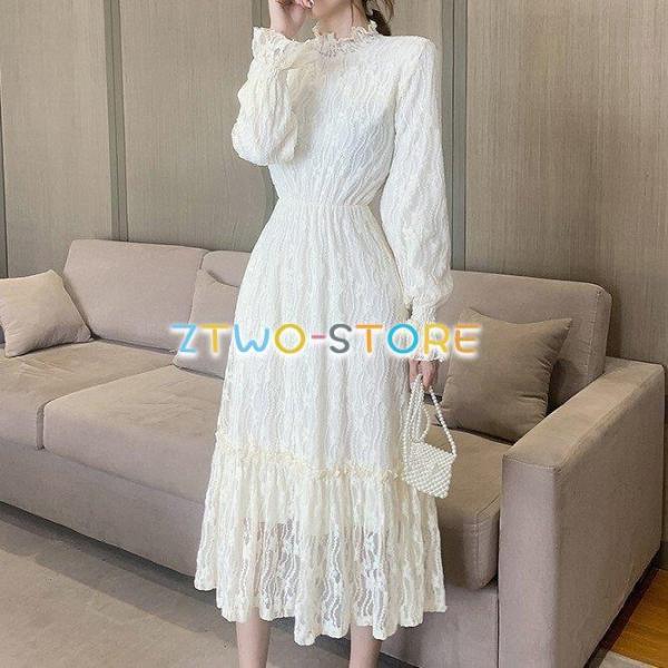 2色有り レディース ワンピース 長袖 ロング丈 レース フリル スタンドカラー Aライン フレアス...