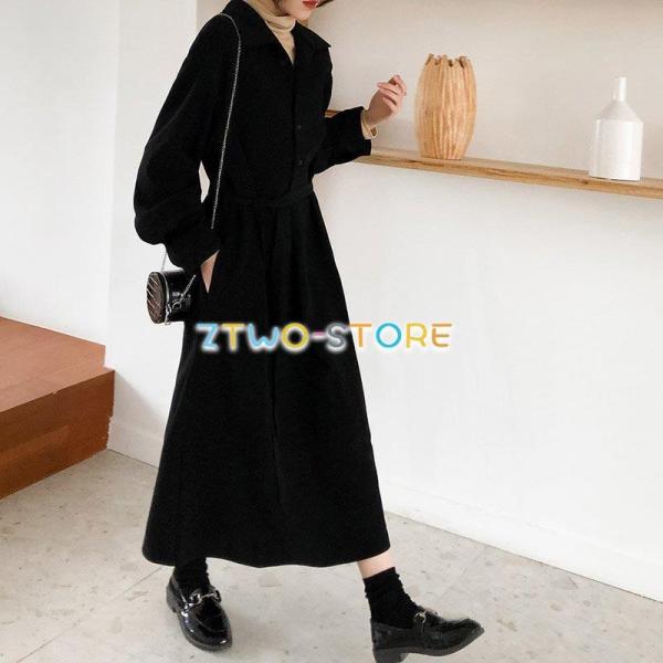 レディース ワンピース 長袖 シャツワンピース シャツスカートロング丈 ポロ襟 無地 上品 カジュア...