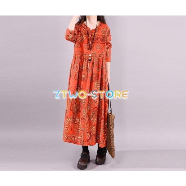 ３色有り ワンピース エスニック風 ロング丈スカート 長袖 総柄 ゆったり レディース プリント柄 ...