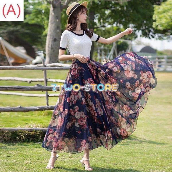 5色有り レディース スカート ロング丈 Aライン ウエストゴム シフォン 総柄 スイングスカート ...