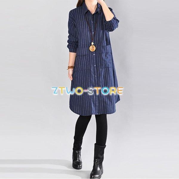 レディース ワンピース 膝丈 シャツスカート 長袖 ポロ襟 ストライプ カジュアル ゆったり 大きい...