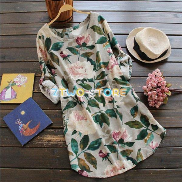 ４色有り チュニック レディース 長袖 ロング丈 ワンピース ラウンドネック Aライン ボタニカル柄...