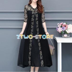 レディース ワンピース 5分袖 ミドル丈 Aライン ブラック ラウンドネック 透け感 結婚式二次会 フォーマル パーティードレス 大きいサイズ 体型カバー L-5XL