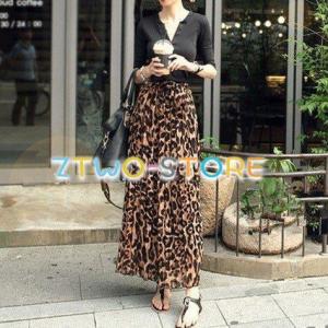 レディース スカート ロング丈 プリーツ レオパード ヒョウ柄 伸縮性