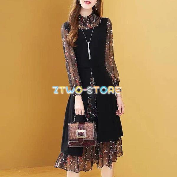 レディース ワンピース 長袖 ミドル丈 Aライン シフォンドレス フローラルドレス ハーフハイネック...