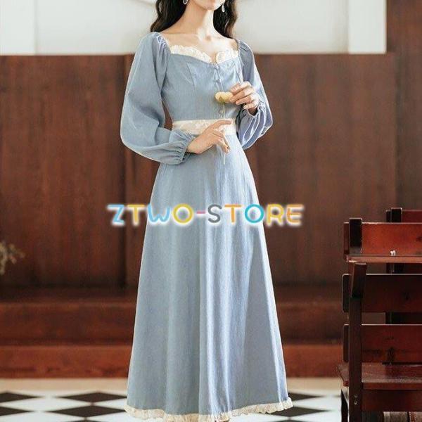 レディース ワンピース 長袖 ミドル丈 膝下 カジュアル フレンチレトロ ロイヤルブルー 上品 体型...