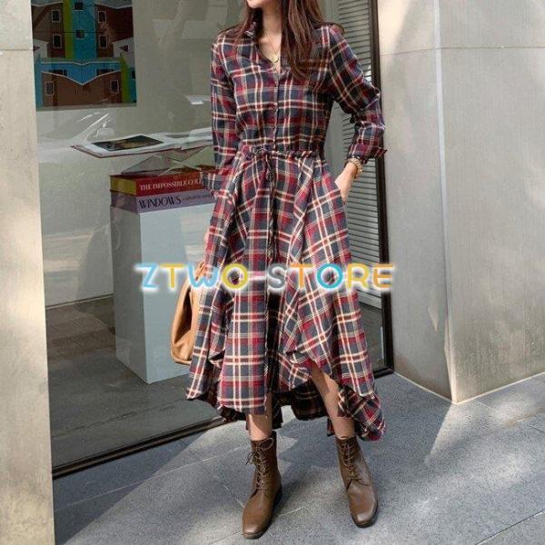 2色有り ワンピース レディース 長袖 ミドル丈 チェック柄 ポロ襟 シャツスカート カジュアル ゆ...