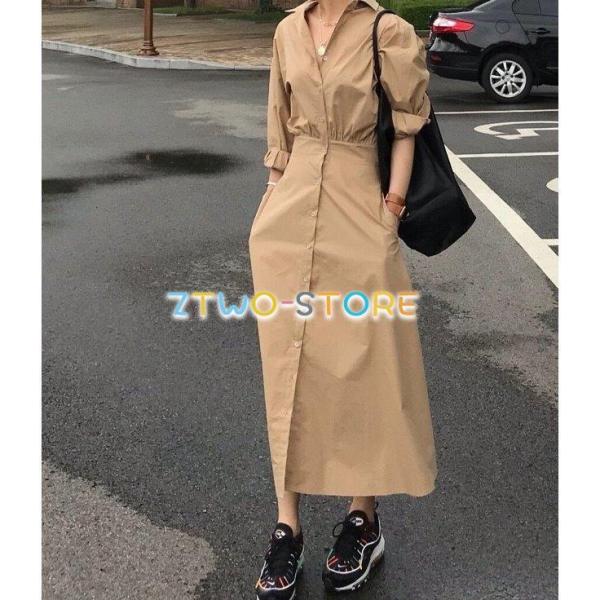 2色有り レディース ワンピース 長袖 ロング丈 シャツスカート ポロ襟 パフスリーブ 無地 大人カ...