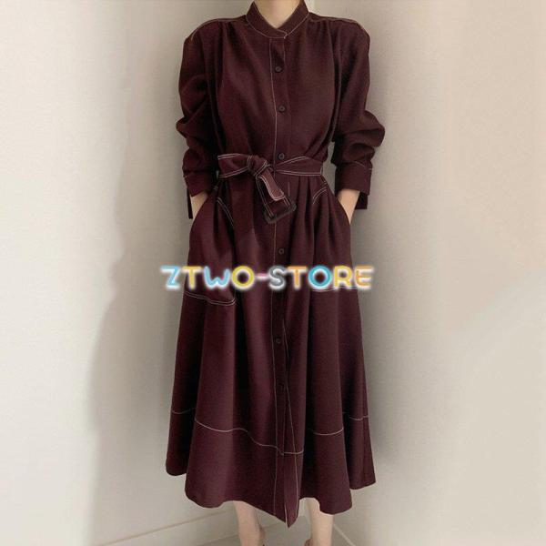 2色有り ワンピース レディース 長袖 ミドル丈 スタンドカラー シャツスカート 無地 大人カジュア...