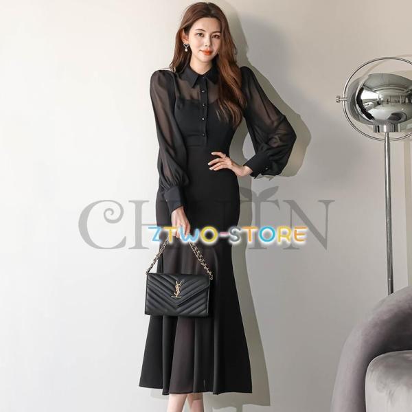 ドッキングワンピース 20代 30代 40代 タイトワンピース長袖マーメイドパーディードレス 透け感...