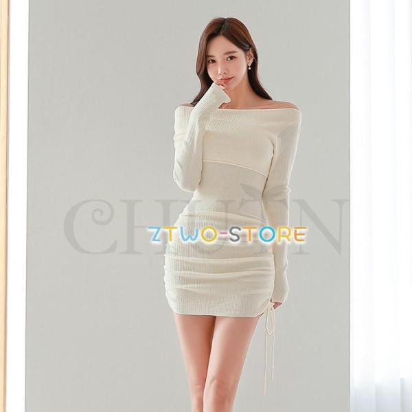 春ニットタイトワンピースミニニットワンピース 春服タイトワンピース長袖 韓国風 着痩せ ニットワンピ...