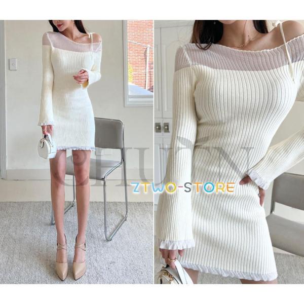 ニットタイトワンピースミニ  韓国風 丸首 ミニワンピース ドッキングタイト レディース 春秋 コー...