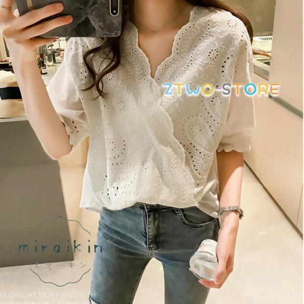 ブラウス レディース 春 夏 春夏 白 トップス Vネック レース チュニック 半袖 Yシャツ 5分...