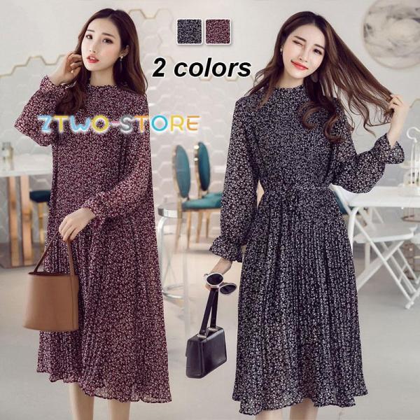 ワンピース レディース 40代 マキシワンピース 春秋 長袖ワンピース シフォン 花柄 プリーツスカ...