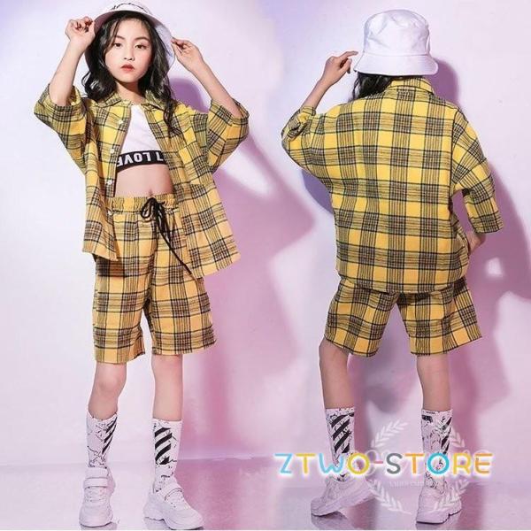 キッズ ダンス衣装 ヒップホップ HIPHOP イエローチェック柄 シャツ チェックパンツ 子供 女...