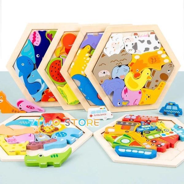パズル 木製 玩具 動物or乗り物or恐竜 六角形 知育 幼児 子ども 教育 教材 木のおもちゃ ブ...