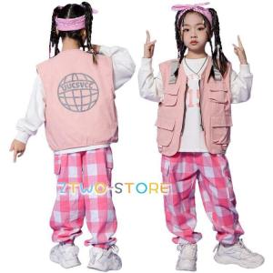 チアガール 女の子 キッズダンス 子供服 セットアップ チームお揃い 3点セット ヒップホップ ダンス発表会 ピンク ベスト トップス パンツ k-pop ダンス衣装 子