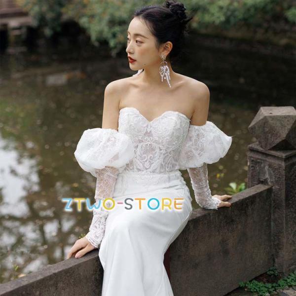 ウェディングドレス ハイウエスト  二次会 結婚式 花嫁 オフショルダー レース ブライダル 演奏会...
