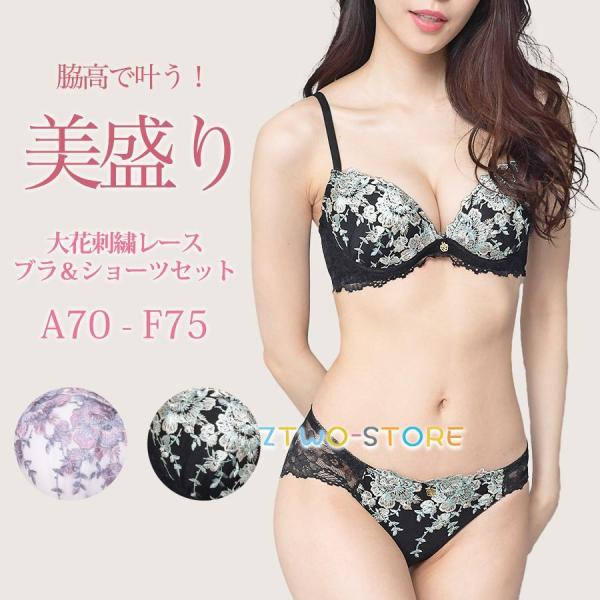 ブラジャー ショーツ セット 下着 インナー レディース 脇高 脇肉 盛れる 刺繍 レース 花柄 W...