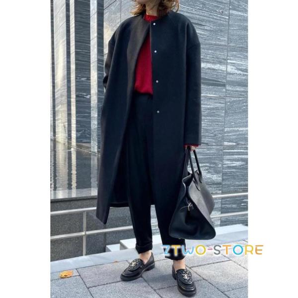ノーカラーコート レディース 冬 きれいめ アウター レディース ロングコート 黒 カジュアル 秋冬...