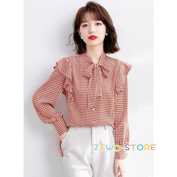 ブラウス レディース トップス 長袖 ボウタイブラウス 千鳥柄 春 秋 ボウタイリボン シャツブラウ...