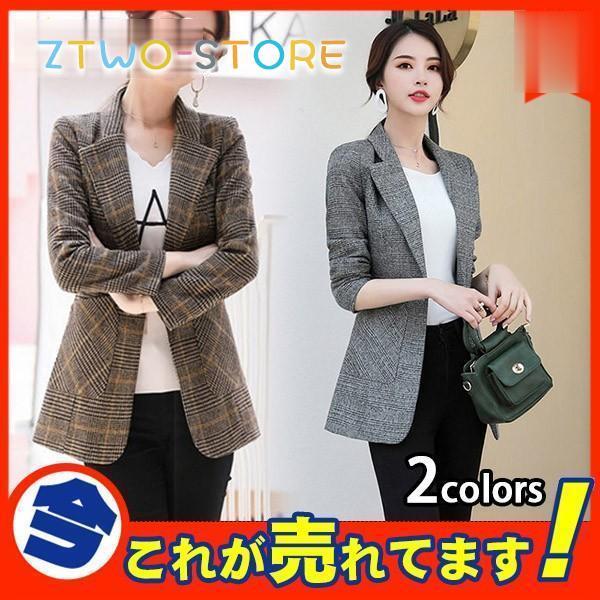テーラードジャケット レディース 秋 長袖 アウター カジュアル グレンチェック コート 着痩せ オ...