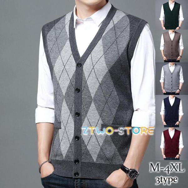ニットベスト メンズ Vネック ウール セーター 無地 チェック柄 前開き カジュアル ビジネス 着...