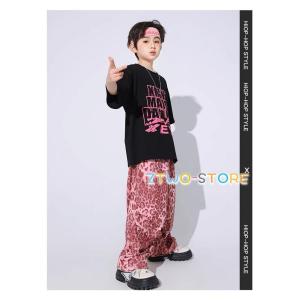 ヒップホップ 衣装 黒 ピンク ヒョウ柄 キッ...の詳細画像3