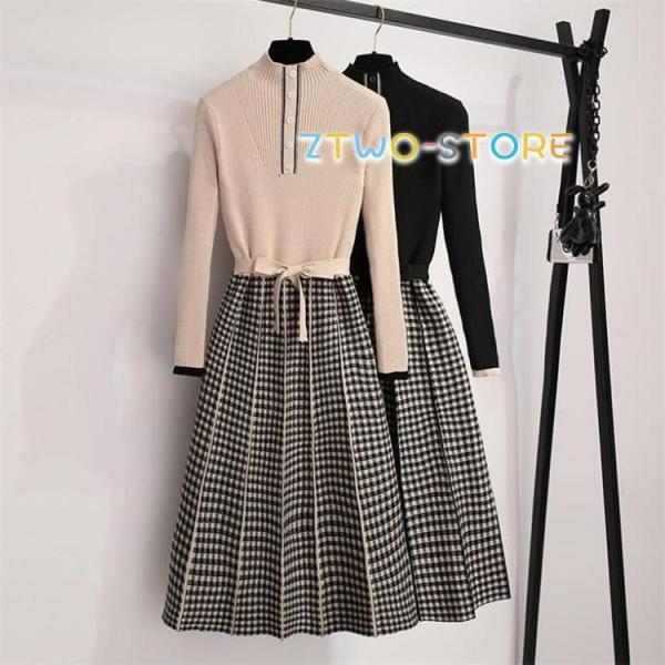 ニットワンピース レディース  きれいめ 膝丈ワンピース 秋冬 長袖ワンピース チェック柄 切り替え...