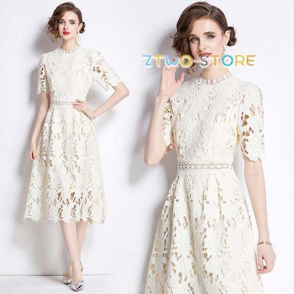 ワンピース レディース  結婚式 ドレス レース ワンピース 半袖 Aライン 着痩せ パーティードレ...
