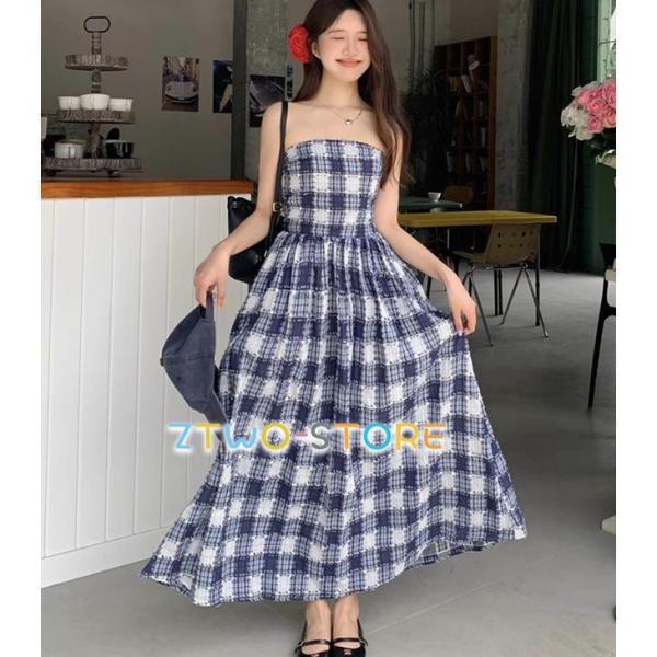 ワンピース ロング チューブトップ ベアトップ ワンピース チェック ワンピース マキシ丈 ワンピー...