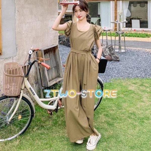 オールインワン レディース 大きいサイズ ジャンプスーツ パンツ ハイウエスト ワイドパンツ 無地 ...