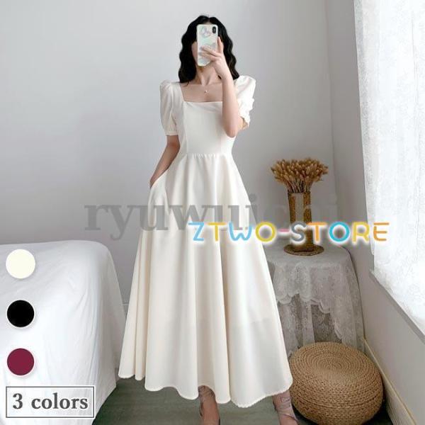 マキシ丈ワンピース 夏 ロングワンピ スクエアネック ドレス ワンピース 半袖 レディース レトロ ...