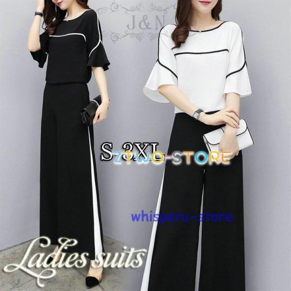 セットアップ レディース 春 夏 パンツスーツ ワイドパンツ 春コーデ 3点セット 入学式 五分袖 ...