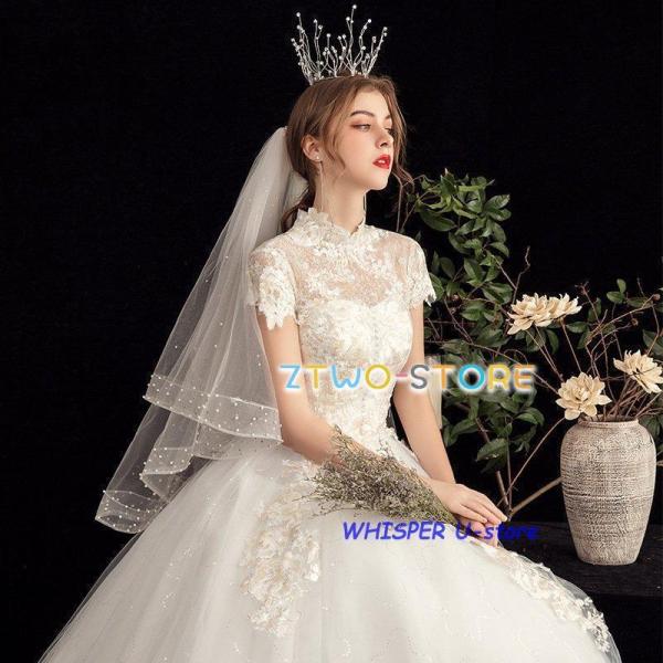 ウエディングドレスaライン白格安袖ありレースウェディングドレス花嫁結婚式パーティードレス二次会ブライ...