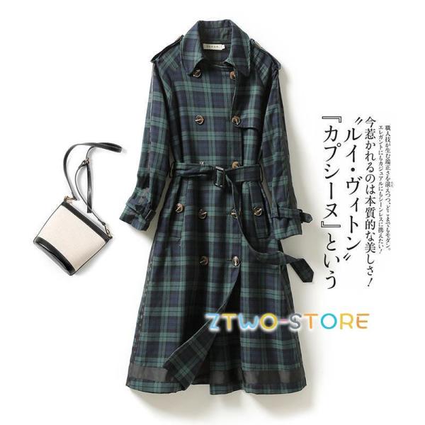 トレンチコート アウター レディース チェック柄 ロングコート 配色 スプリングコート 通勤 きれい...