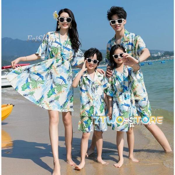 親子ペアルック親子コーデ 親子ペア アロハシャツ家族お揃いワンピース上下セット ママ パパ 子供カッ...