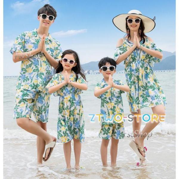 家族お揃い上下セット親子ペアルック親子コーデ 親子ペア アロハシャツ親子服ワンピース海辺ママ パパ ...
