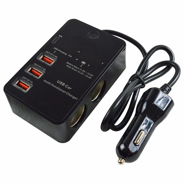 12Ｖ/24V 120Ｗ 電流電圧表示 ＵＳＢ3ポート 2連 シガーソケット 5V 2.1A スマホ...