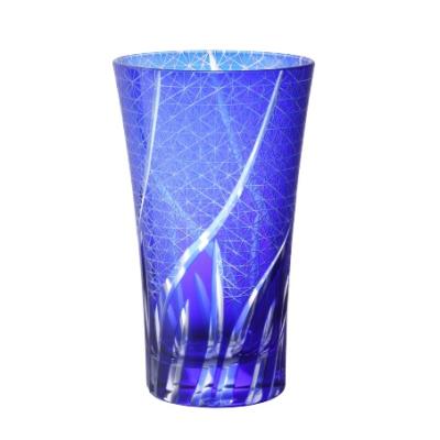 切子ビールグラス　青　400cc　コバルトブルー　ガラスグラス　タンブラー　コップ　おしゃれ　かわいい　菊つなぎ　ビアグラス