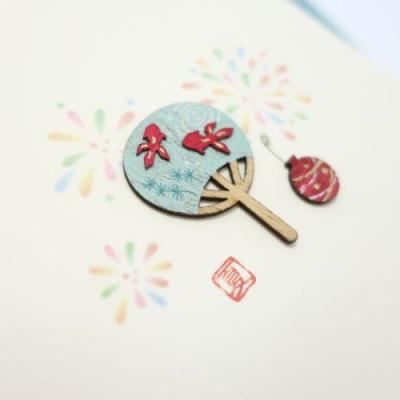 メッセージカード サマーウッドパーツ グリーティングカード 金魚うちわ APJ