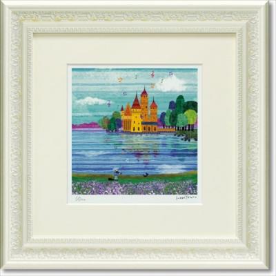 版画 額付き はりたつお 城と湖 