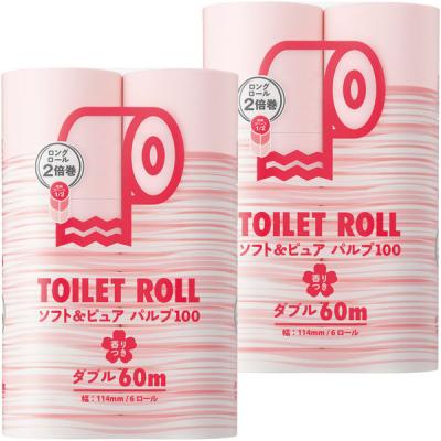トイレットペーパー ダブル 2倍巻 60m 6ロール パルプ100％ ソフト＆ピュア 1セット(2パック) ピンク色 桜の香り 王子ネピア オリジナル