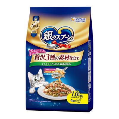 銀のスプーン 贅沢3種の素材仕立て まぐろ・かつお・ささみ・緑黄色野菜味 国産 1.0kg（小分けパック4袋入）1袋 ユニ・チャーム キャットフード