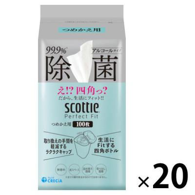 ウェットティッシュ アルコール スコッティ パーフェクトフィット 99.9%除菌 詰め替え 100枚入 1セット（1個×20）日本製紙クレシア