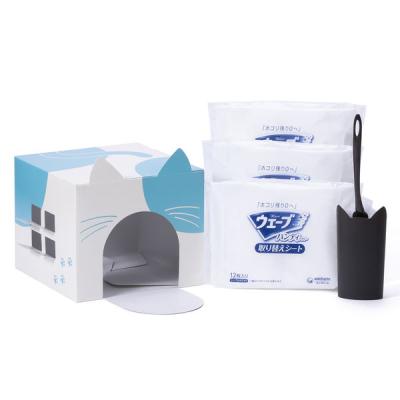 【アウトレット】ウェーブ ハンディワイパー  猫デザインセット　本体+取り替えシートホワイト12枚×3　1セット ユニ・チャーム