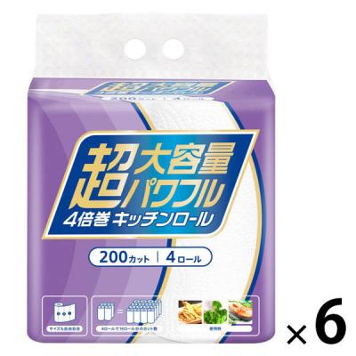 キッチンペーパー 超大容量 パワフル 4倍巻 キッチンロール 1セット（1パック（200カット×4ロール）×6）