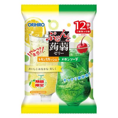 ぷるんと蒟蒻ゼリー　レモンスカッシュ＋メロンソーダ　1袋（12個入）　こんにゃくゼリー　ミニパウチタイプ